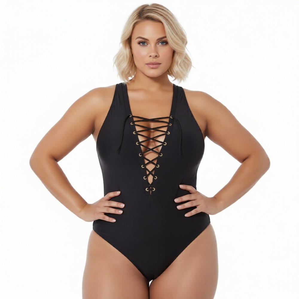 Love My Curves Black Lace Up Front One Piece Swimsuit Style 333 Size 16 NEW